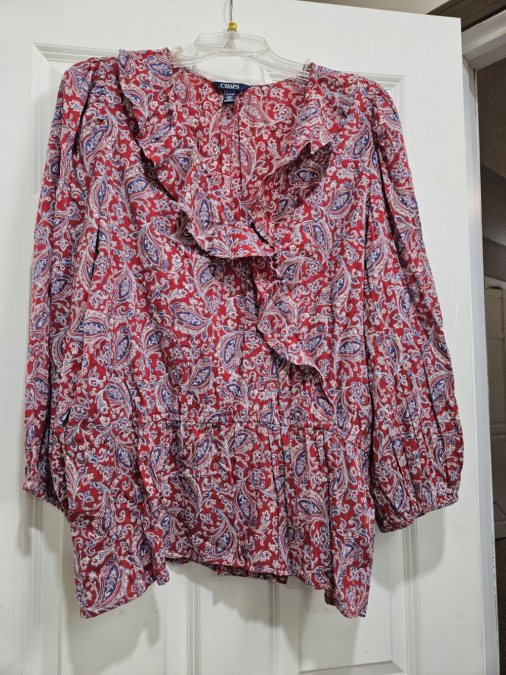 Chaps Red Paisley Ruffle Front Blouse